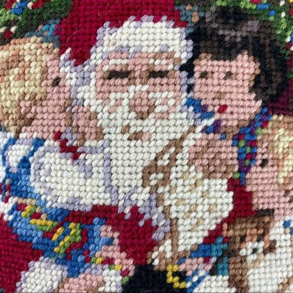 Vintage 100% wool Santa Christmas needlepoint pillow 10”x 10”